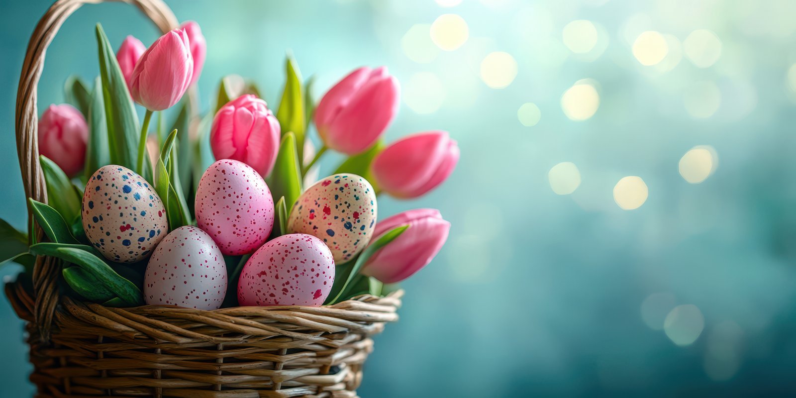 Colorful Easter eggs and vibrant flowers in a wicker basket create a festive spring atmosphere